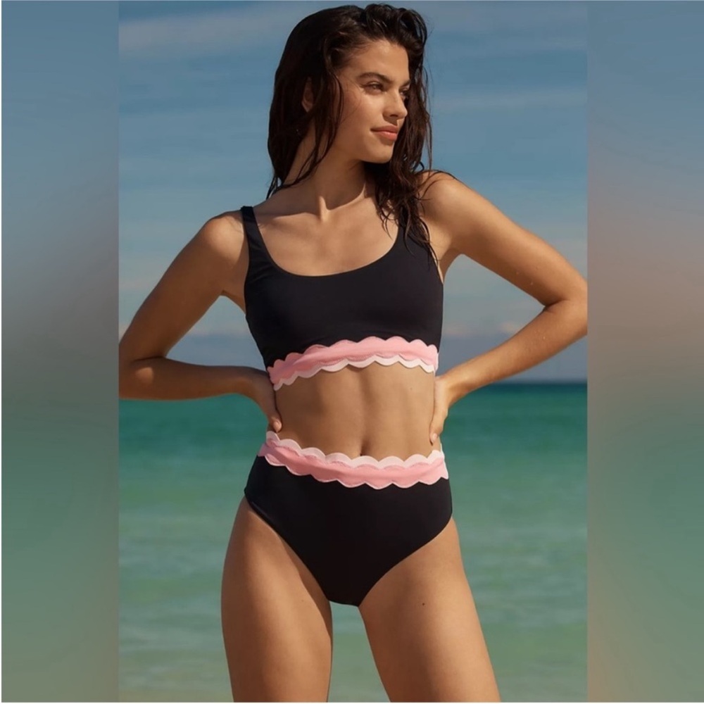 Beach Riot Black Two Piece Swimsuit with Pink Scallop Trim
